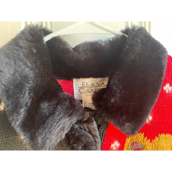 VTG 90s Elana Carello Bear Christmas Cardigan Faux Fur Collar Pom Buttons - Picture 8 of 8